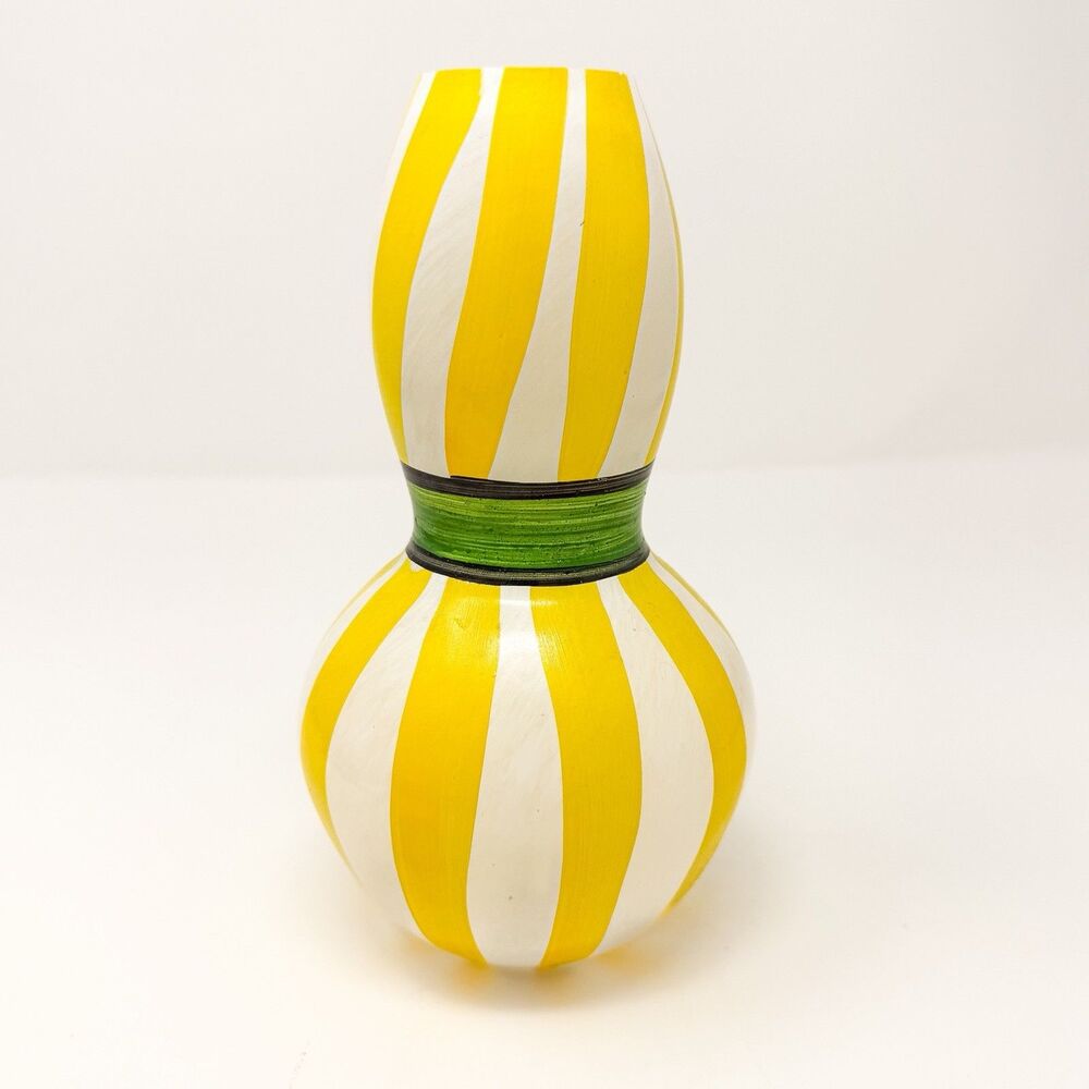 Kosta Boda Ribbon Vase Yellow White Stripes Ulrica Hydman Vallien Signed 7.5”
